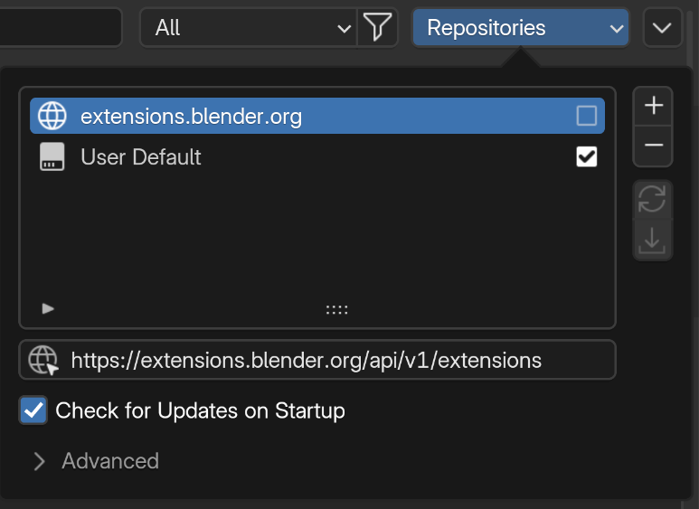 Interfaccia per gestire i repository di estensioni all'interno di Blender